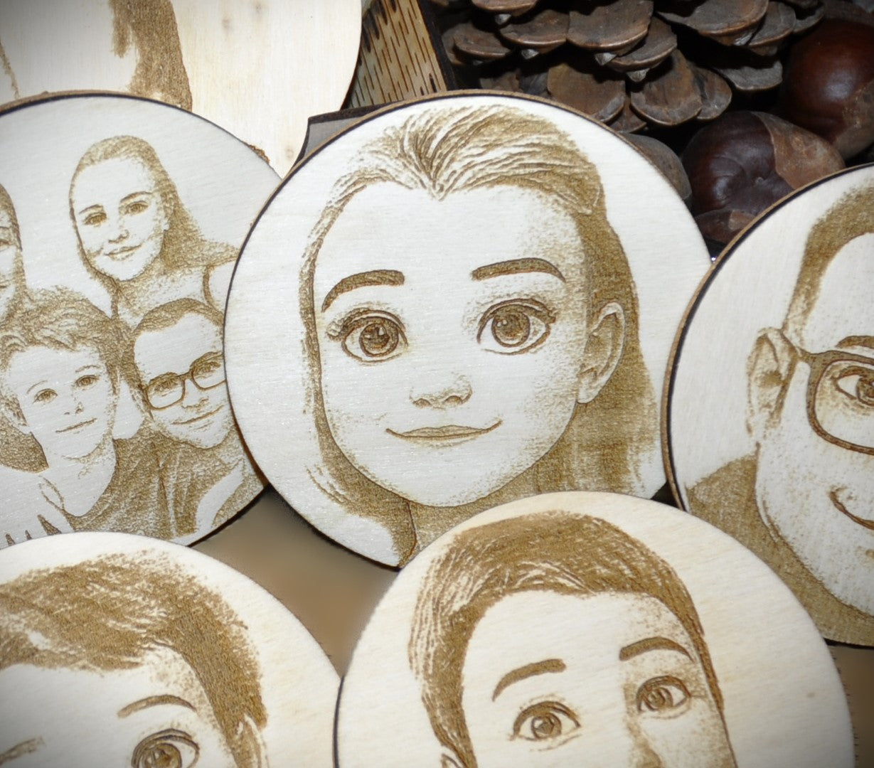 sous-verres bois et liège personnalisables 6 pièces avec présentoir bois (sur commande)