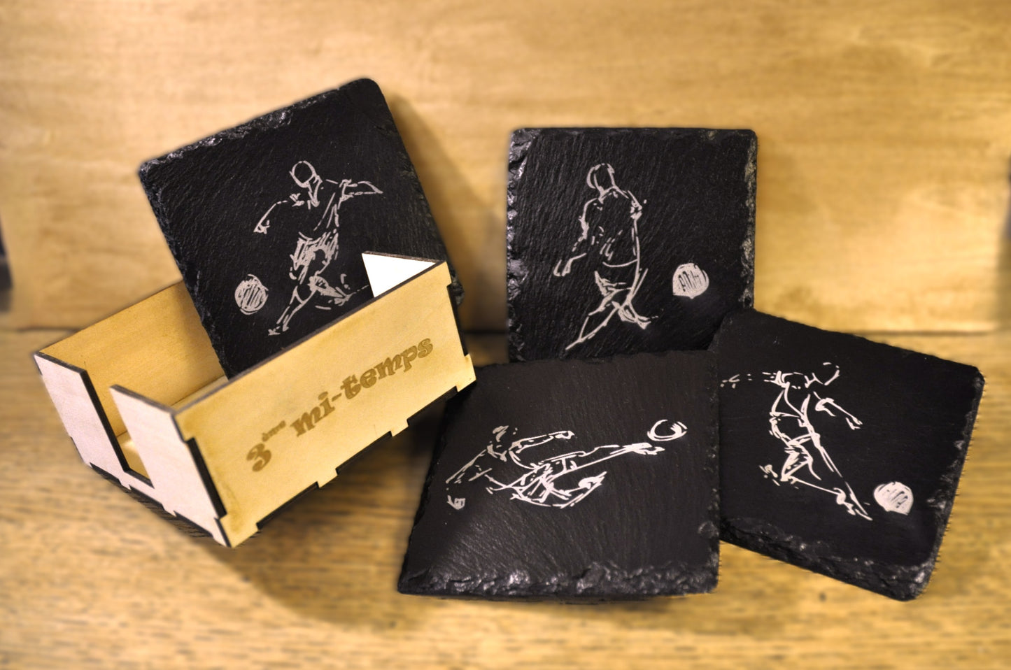 sous-verres ardoise 4 pièces avec présentoir bois (dessins sur commande)